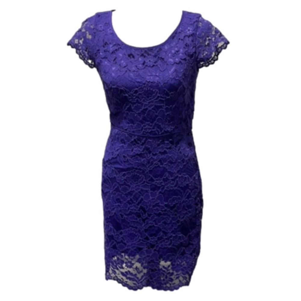 Loft Royal Purple Lace Overlay midi Party dress women's Size‎ 12 Large New!